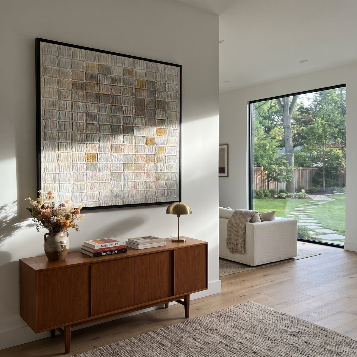 Slate Linen Umber Fragments Space - textured abstract painting shown in modern room setting 4