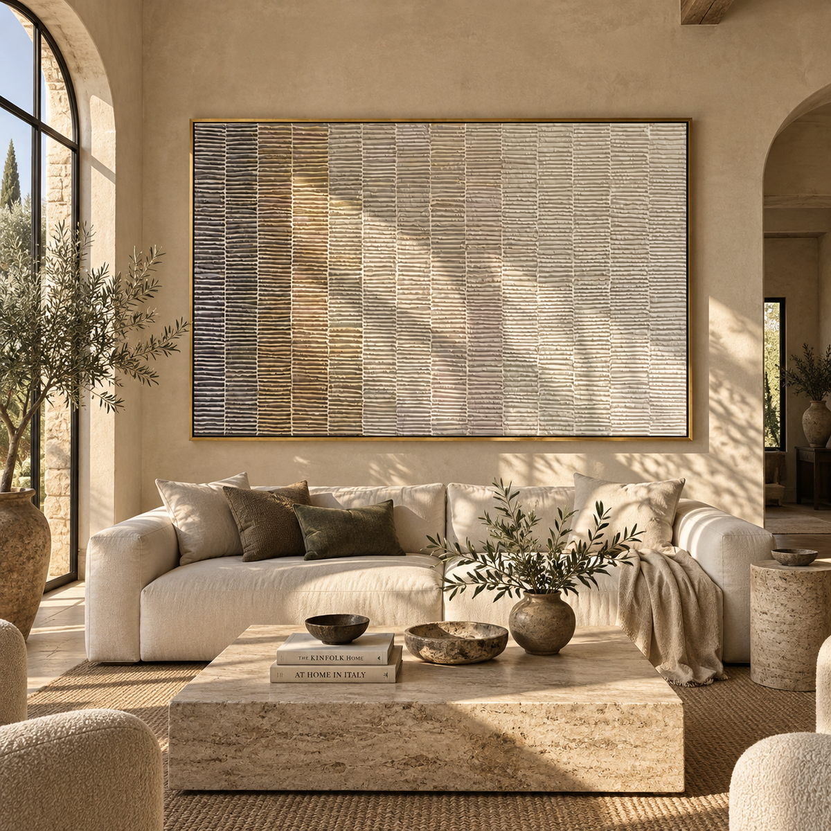 Linen Slate Umber Field Quiet - textured abstract painting shown in modern room setting 5