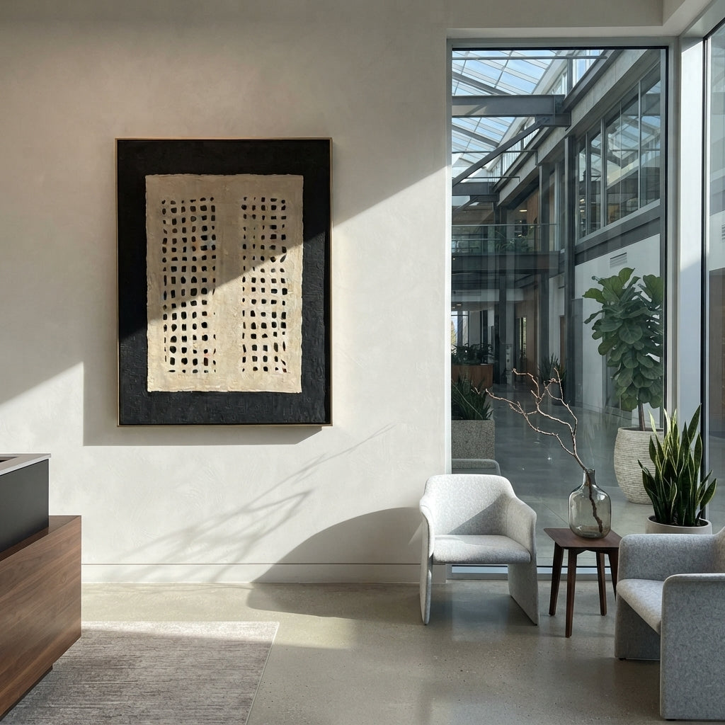 Linen Onyx Slate Tides Motion - textured abstract painting shown in modern room setting 4