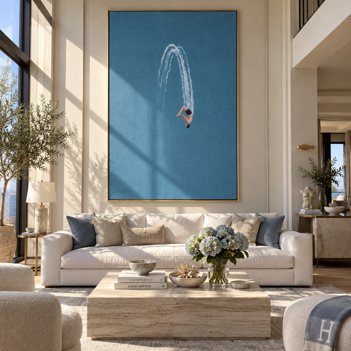Azure Onyx Swimmers Currents Depth - textured swimmer painting displayed in a styled interior