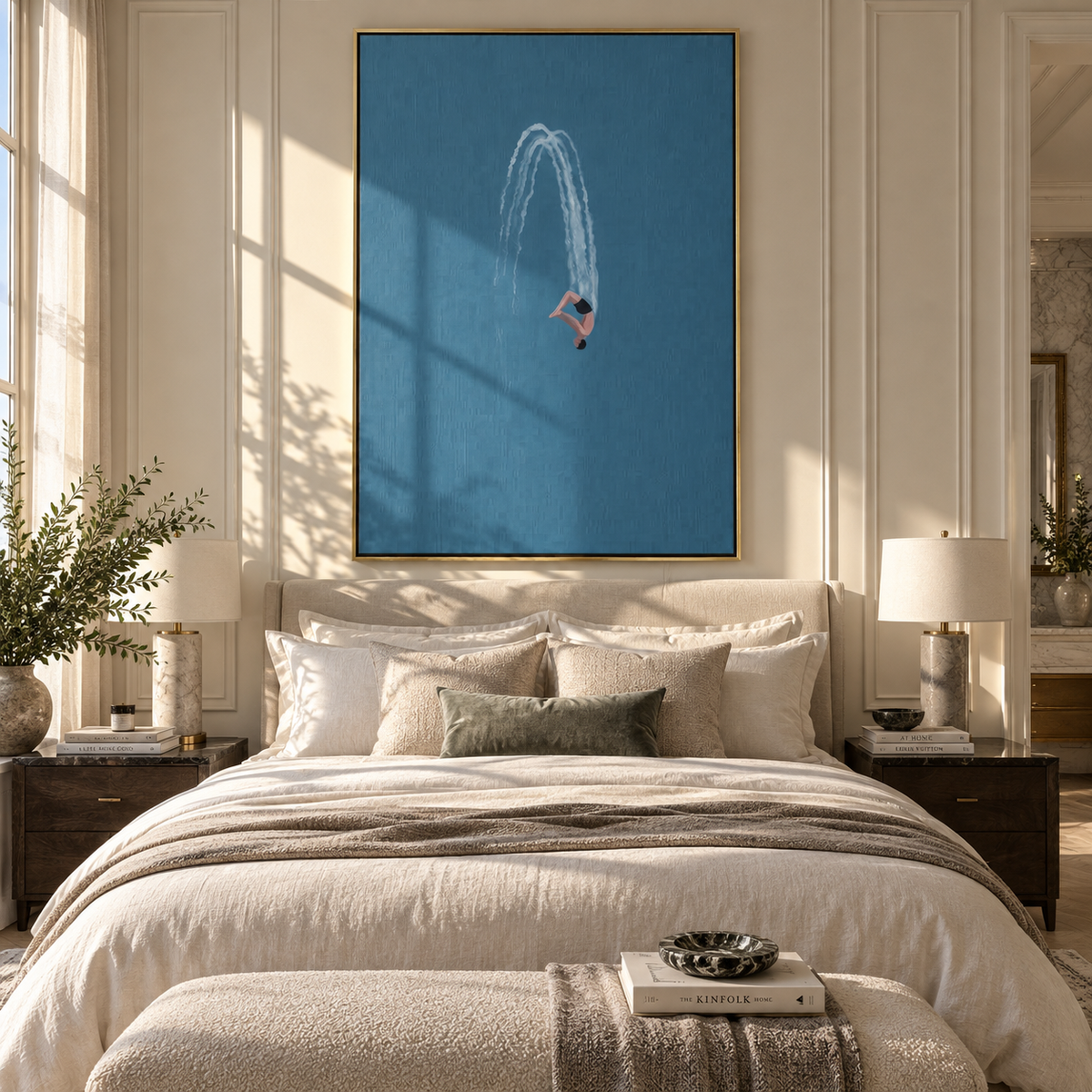 Azure Onyx Swimmers Currents Depth - textured swimmer painting shown in modern room setting 2