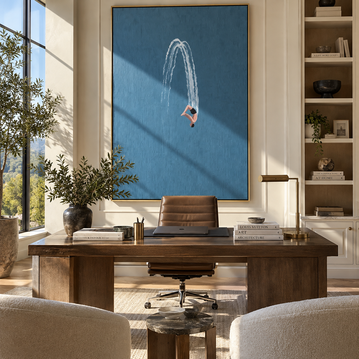 Azure Onyx Swimmers Currents Depth - textured swimmer painting shown in modern room setting 4