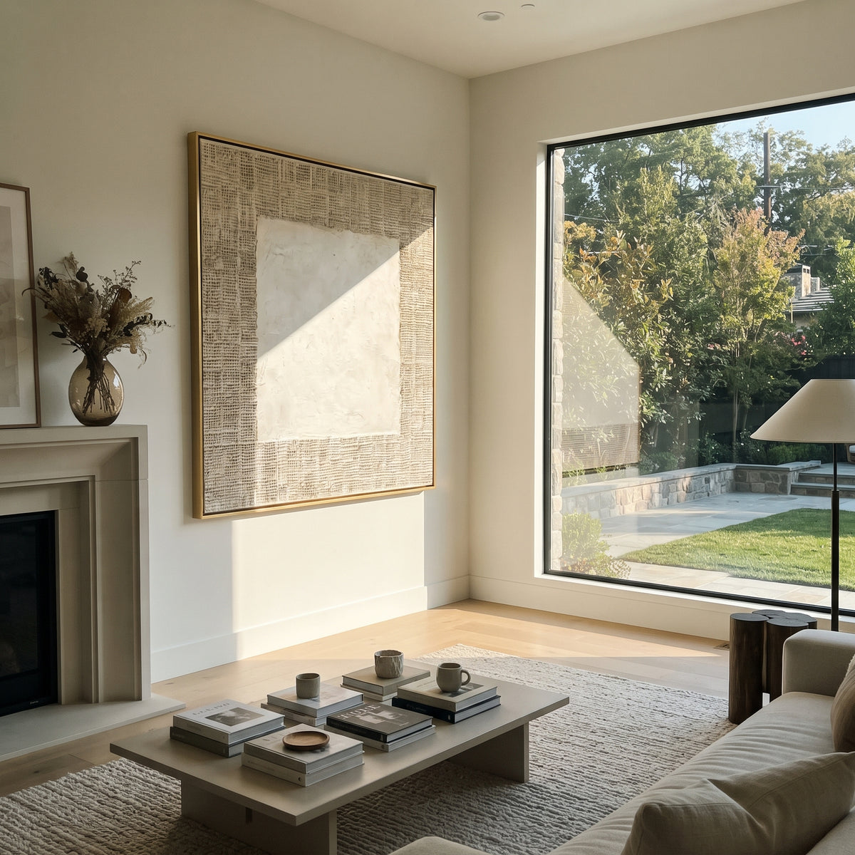 Slate Linen Umber Layers Silence - textured abstract painting shown in modern room setting 2
