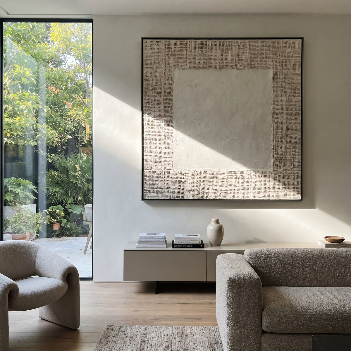 Slate Linen Umber Layers Silence - textured abstract painting shown in modern room setting 3