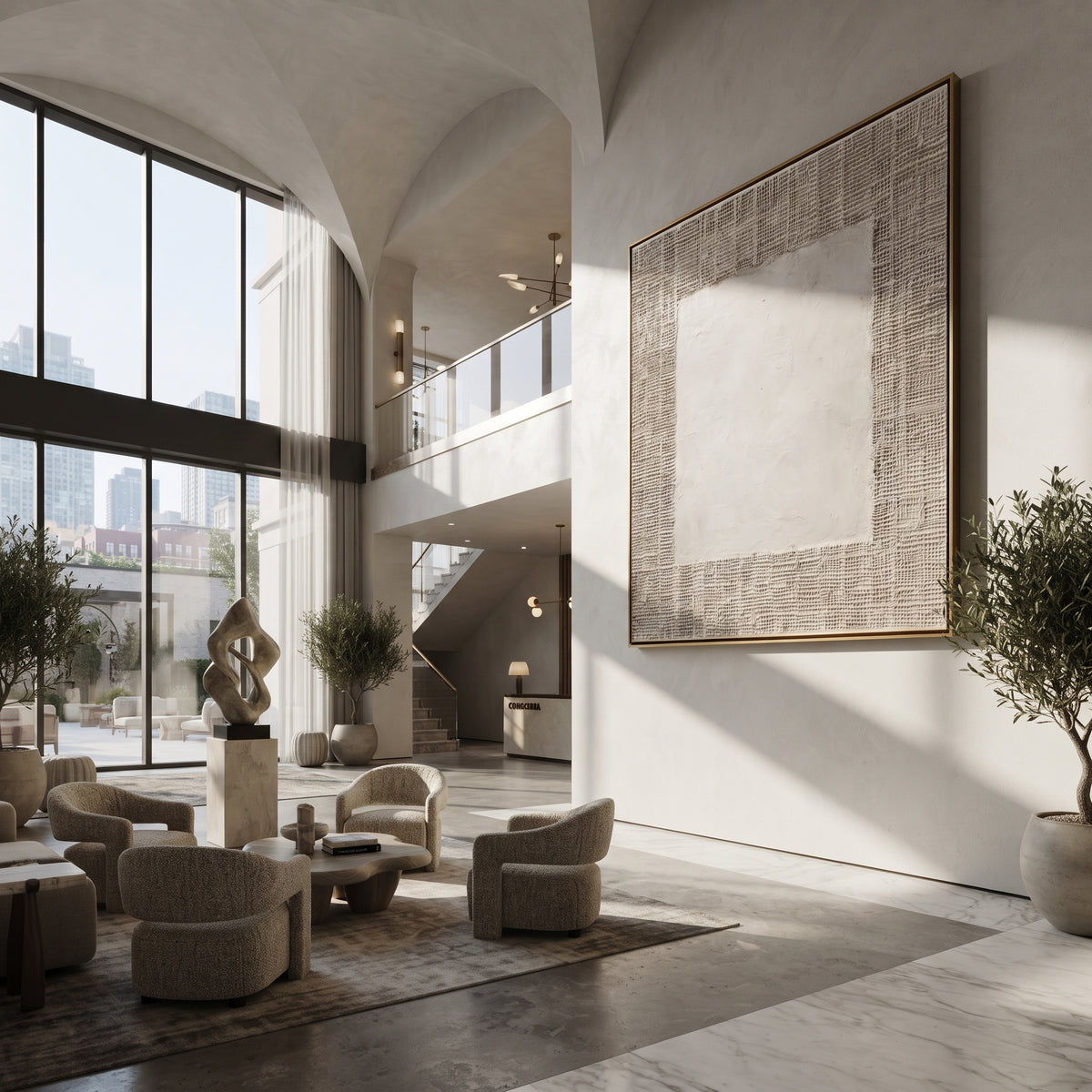 Slate Linen Umber Layers Silence - textured abstract painting shown in modern room setting 4