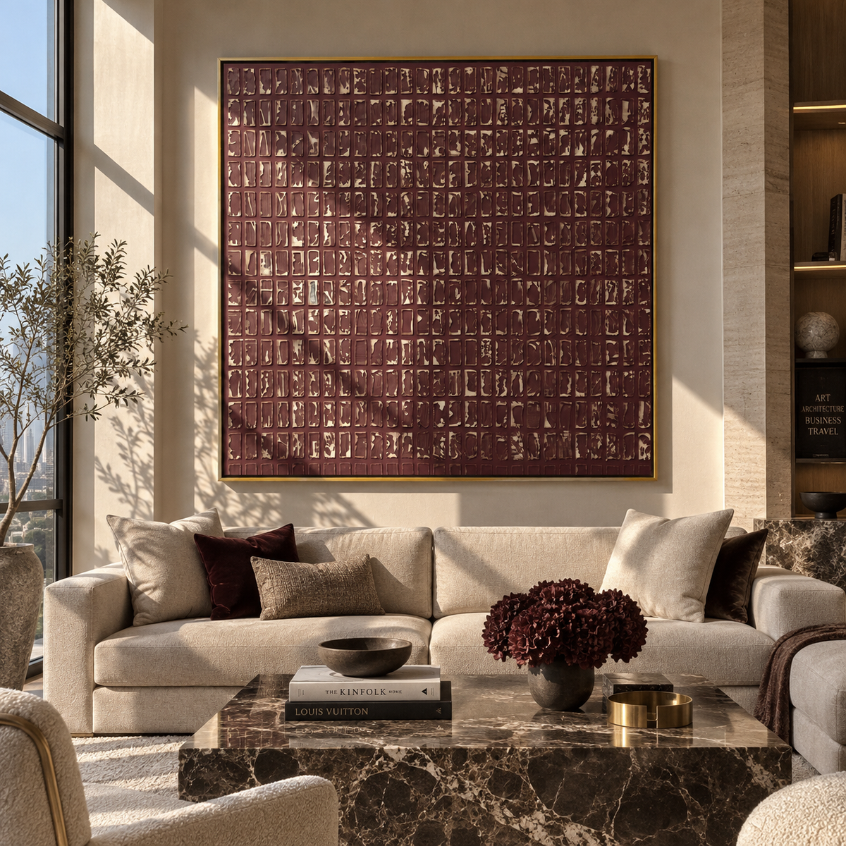 Umber Linen Onyx Drift Resonance - textured abstract painting shown in modern room setting 2