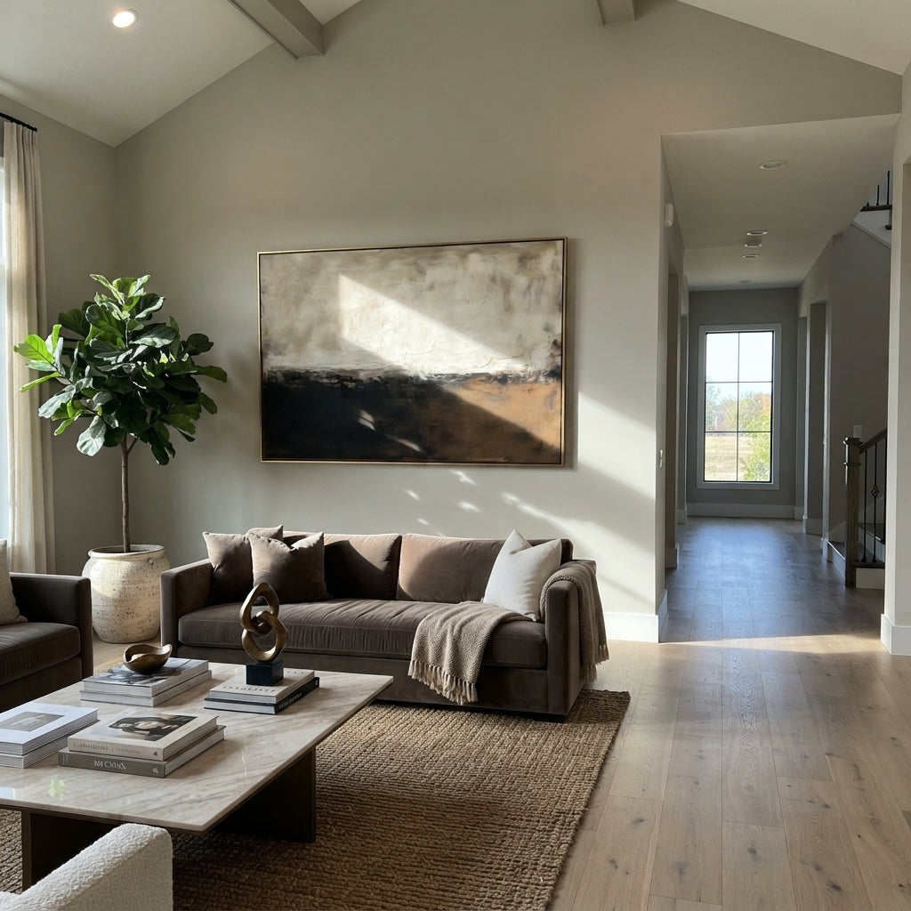 Linen Onyx Slate Contours Calm - textured abstract painting displayed in a styled interior