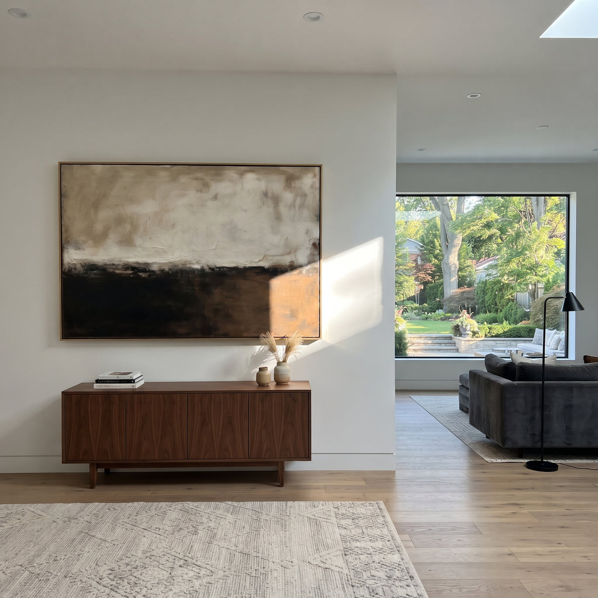 Linen Onyx Slate Contours Calm - textured abstract painting shown in modern room setting 4