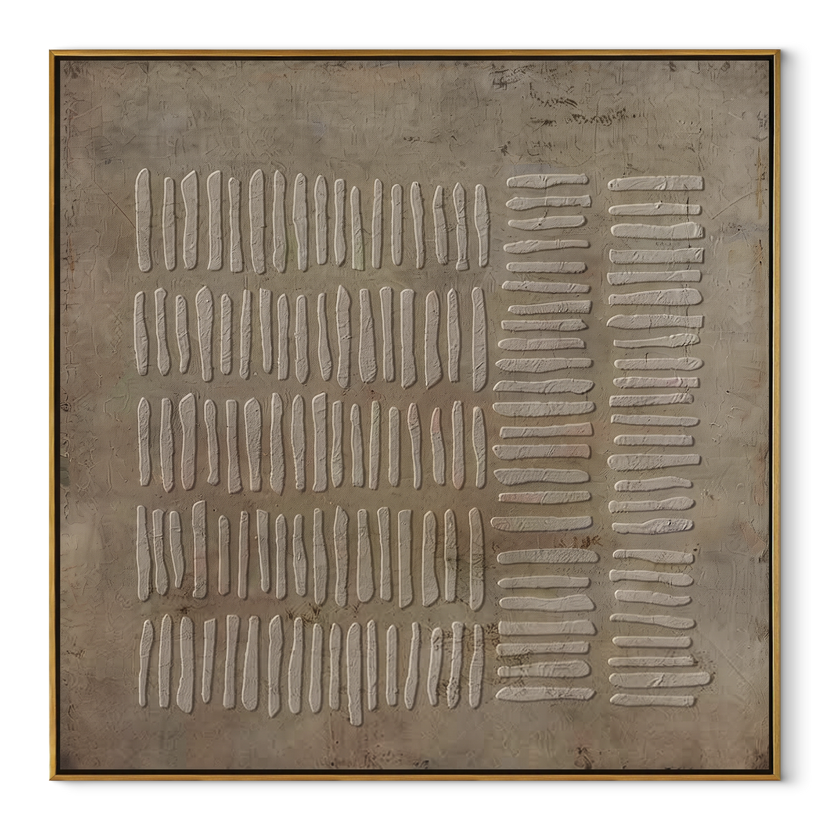 Umber Linen Gilded Echo Air - textured abstract painting in a wood frame on white
