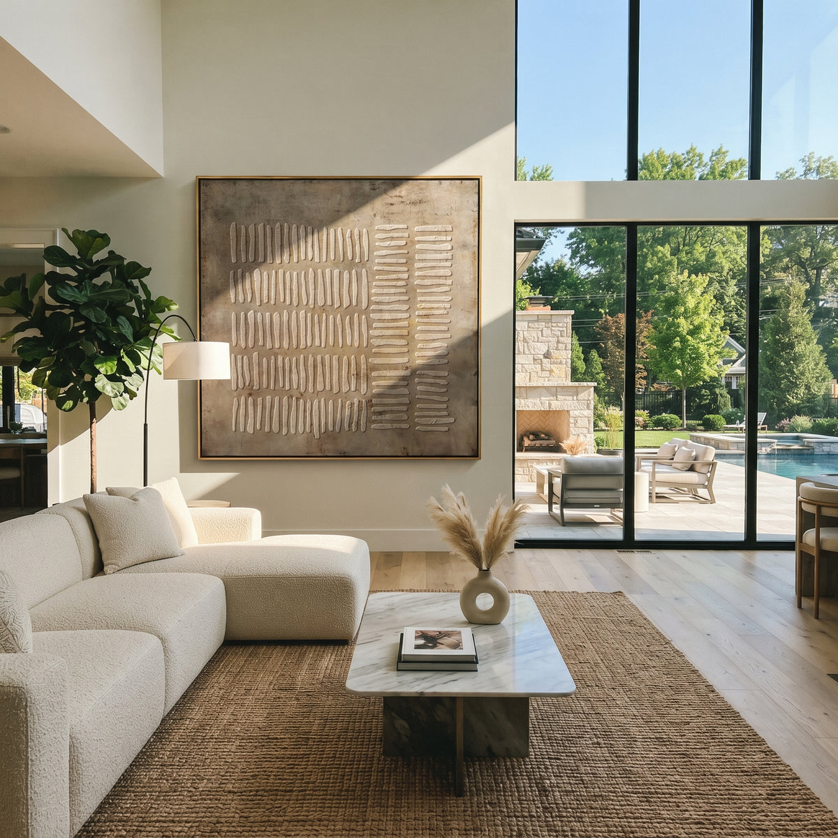Umber Linen Gilded Echo Air - textured abstract painting shown in modern room setting 3