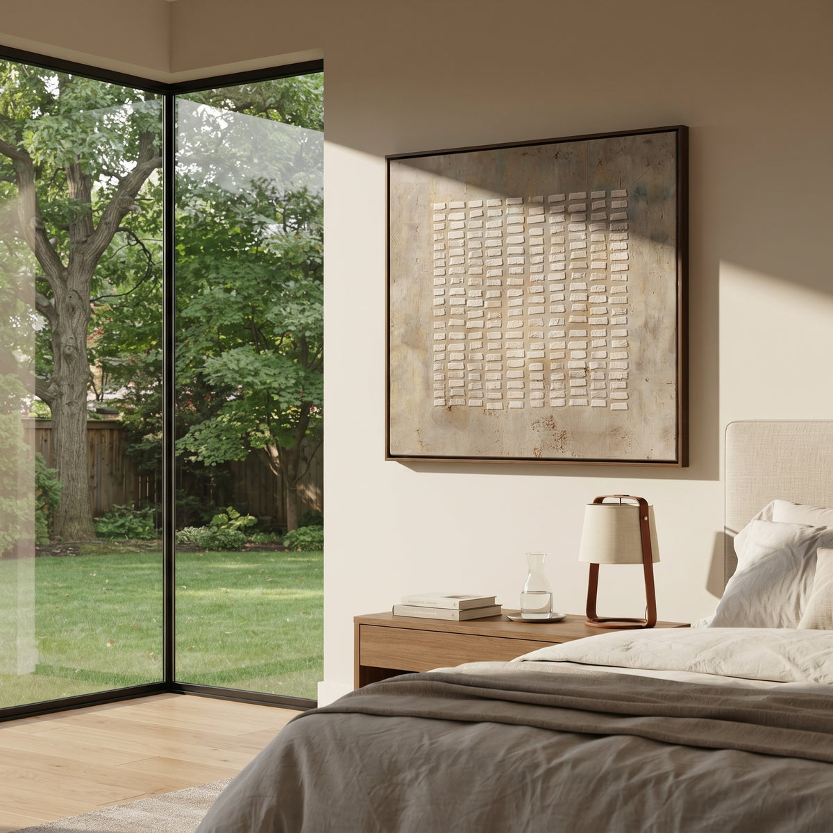 Umber Linen Slate Rhythm Rain - textured abstract painting shown in modern room setting 3