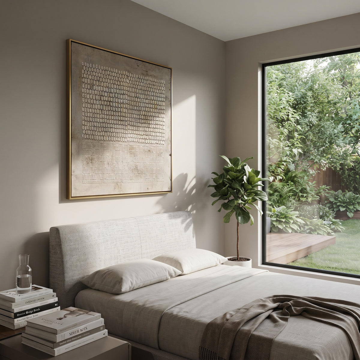 Linen Slate Umber Relief Cadence - textured abstract painting shown in modern room setting 3