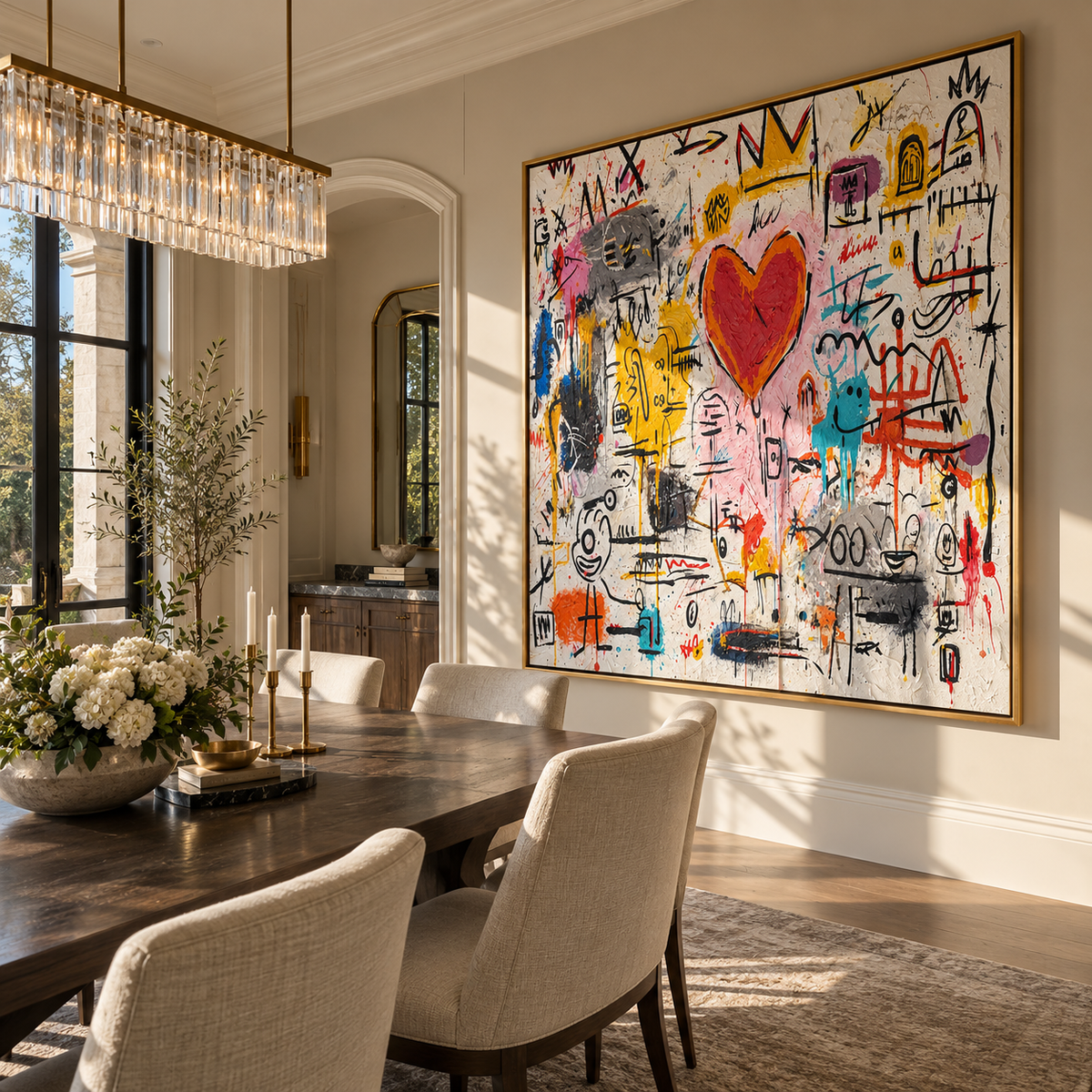 Slate Onyx Letters Strata Dusk - textured graffiti painting displayed in a styled interior