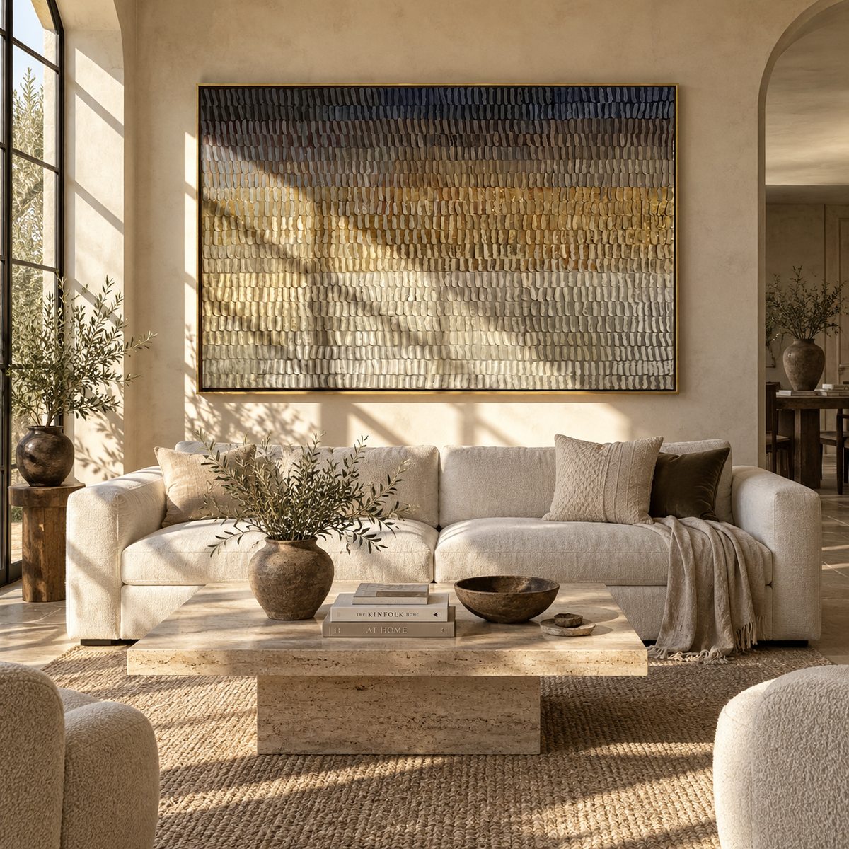 Umber Linen Onyx Terraces Interval - textured abstract painting shown in modern room setting 2
