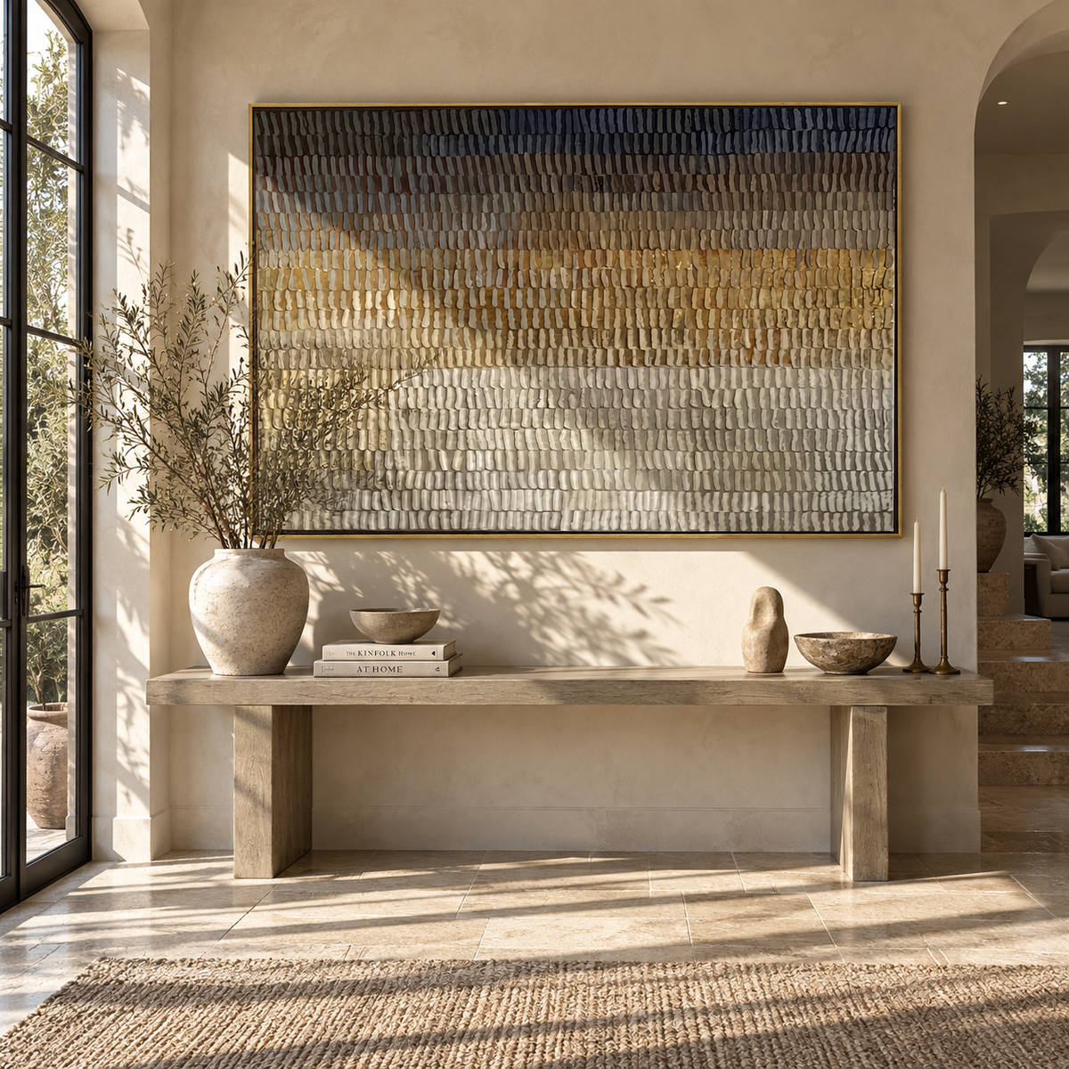 Umber Linen Onyx Terraces Interval - textured abstract painting shown in modern room setting 3