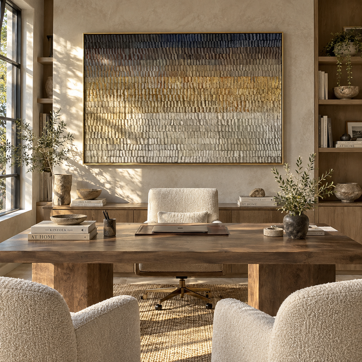 Umber Linen Onyx Terraces Interval - textured abstract painting shown in modern room setting 4