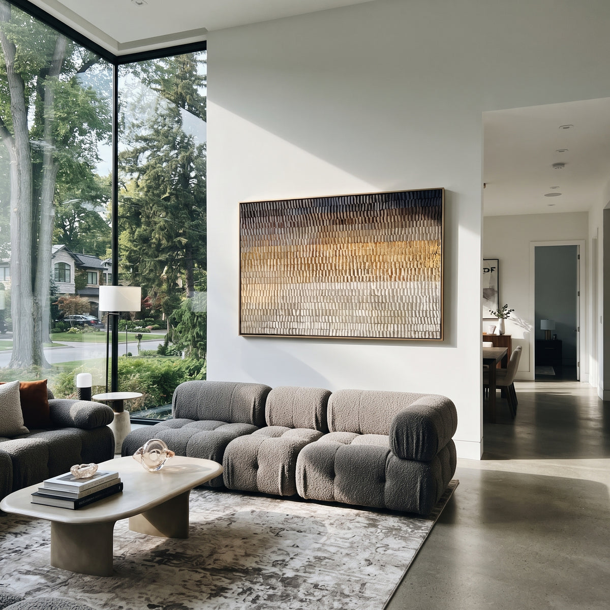 Umber Linen Onyx Terraces Interval - textured abstract painting shown in modern room setting 5