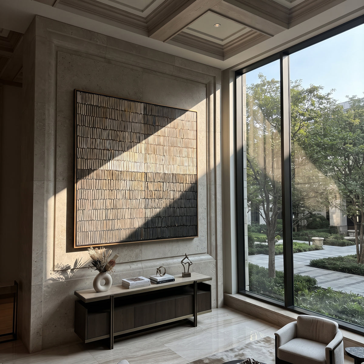 Umber Linen Onyx Horizon Distance - textured abstract painting displayed in a styled interior