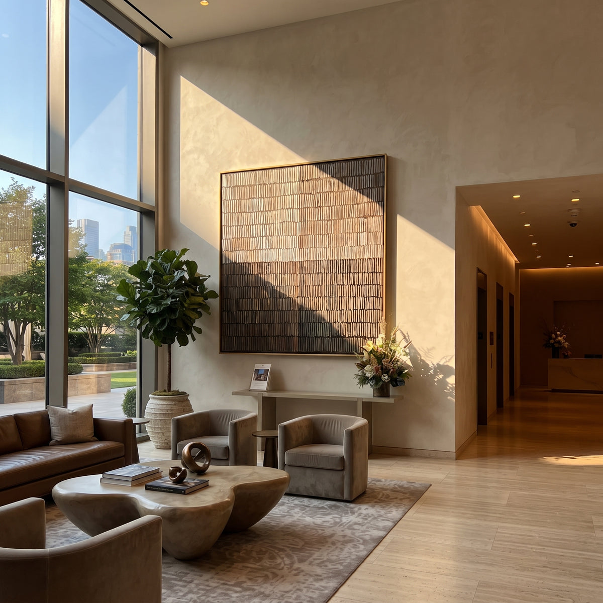 Umber Linen Onyx Horizon Distance - textured abstract painting shown in modern room setting 5