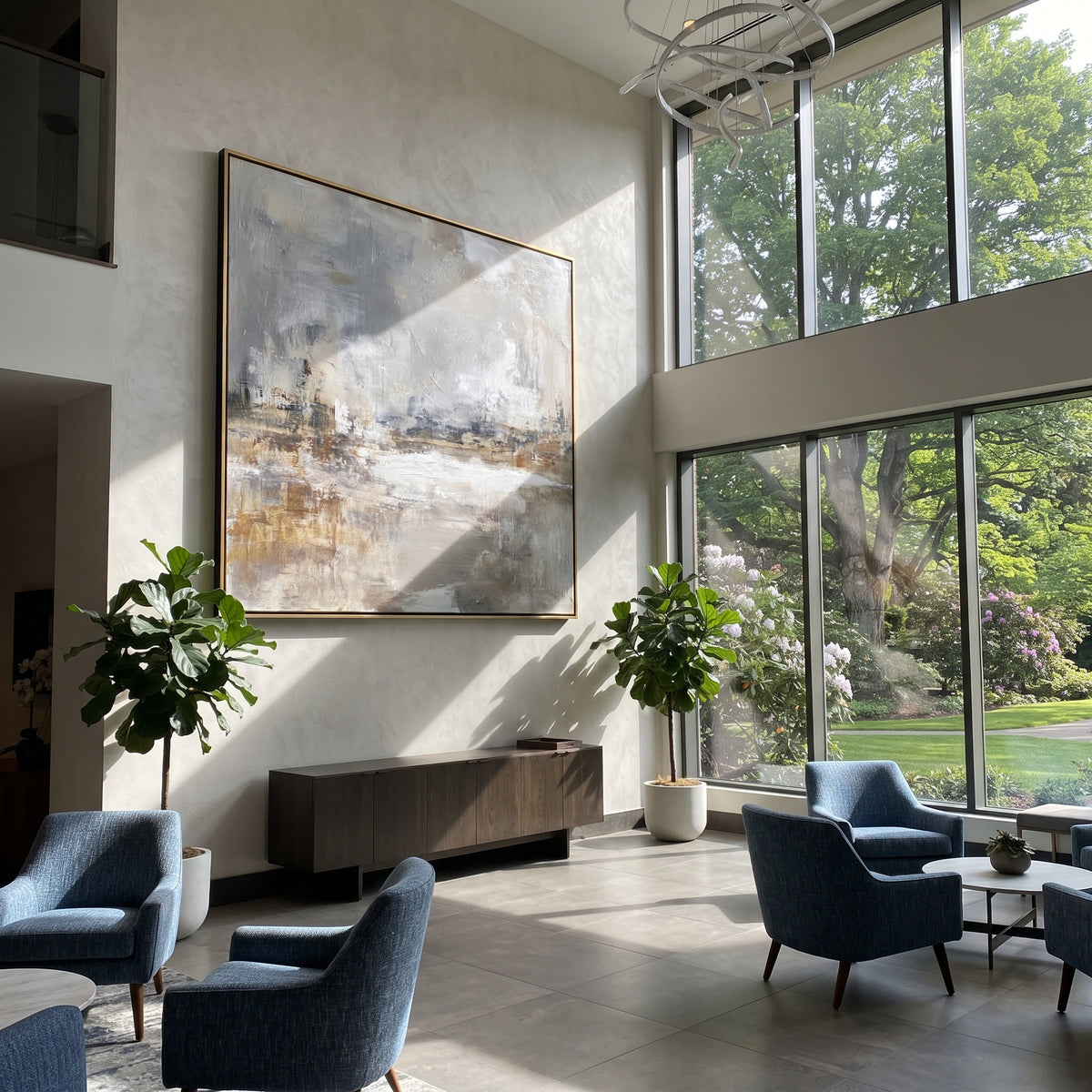 Slate Linen Umber Field Tension - textured abstract painting displayed in a styled interior