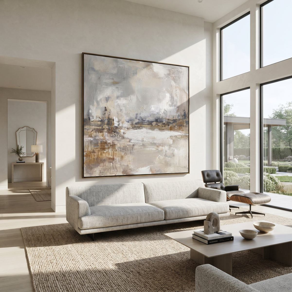 Slate Linen Umber Field Tension - textured abstract painting shown in modern room setting 5