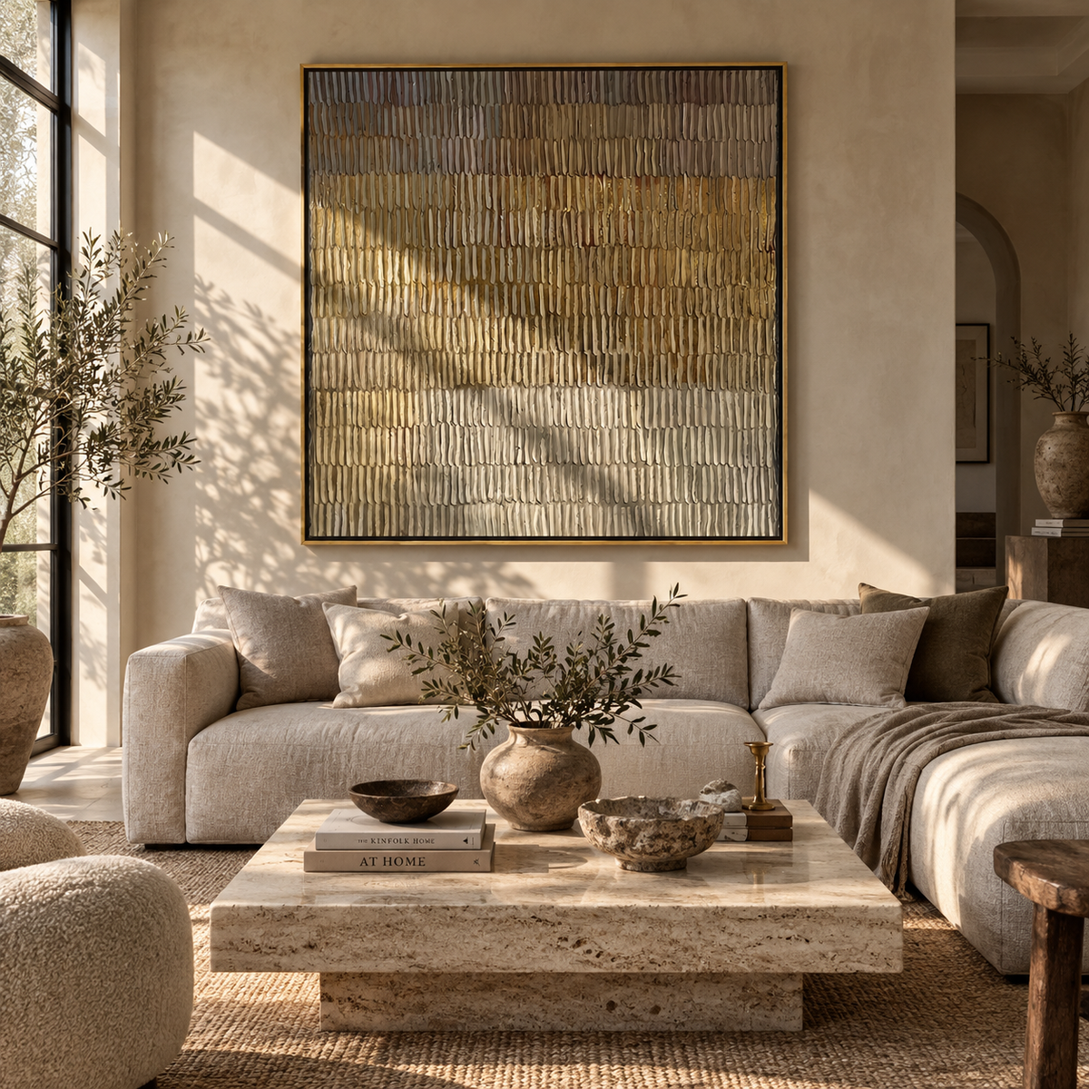 Umber Linen Amber Passage Space - textured abstract painting shown in modern room setting 2