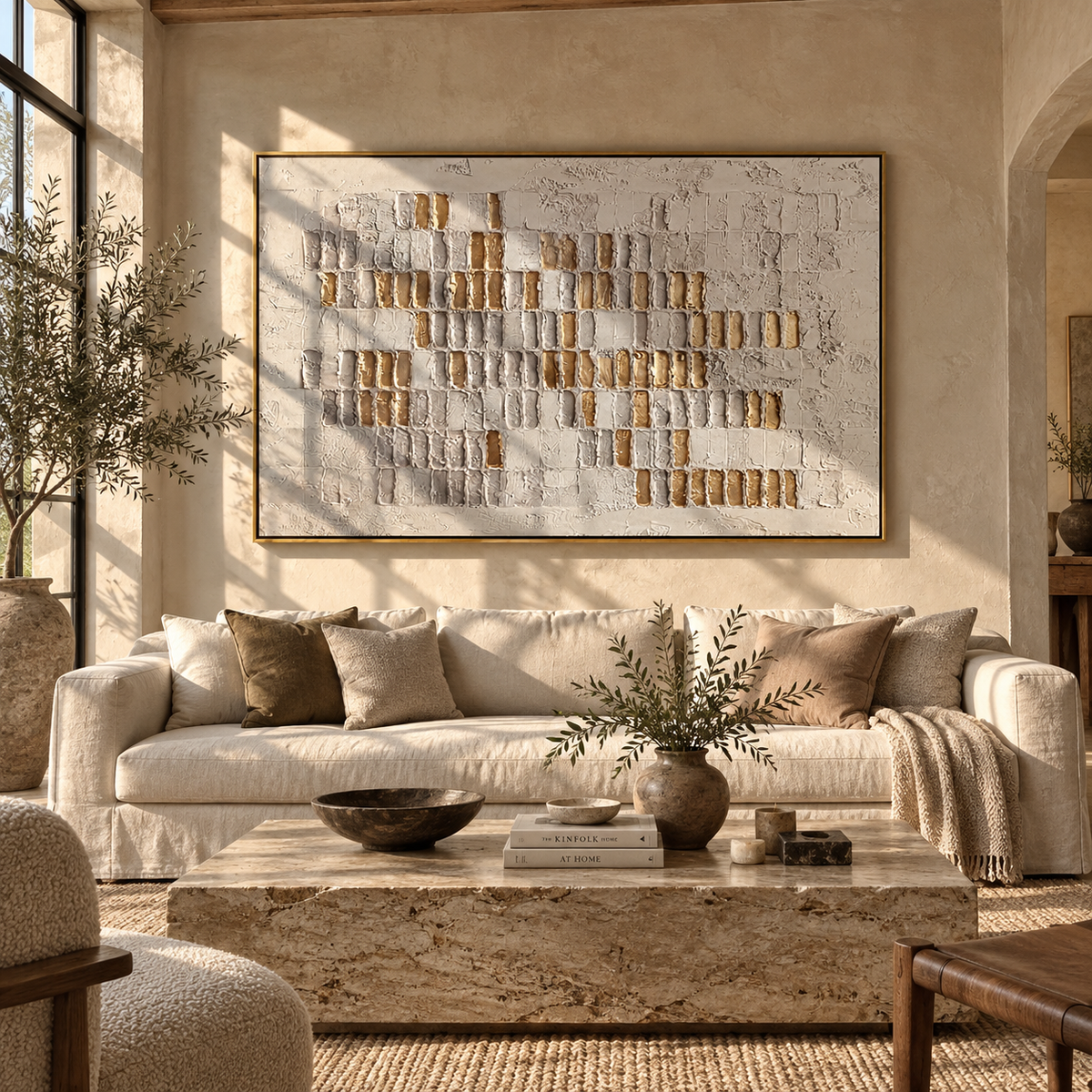 Slate Umber Onyx Tides Quiet - textured abstract painting displayed in a styled interior