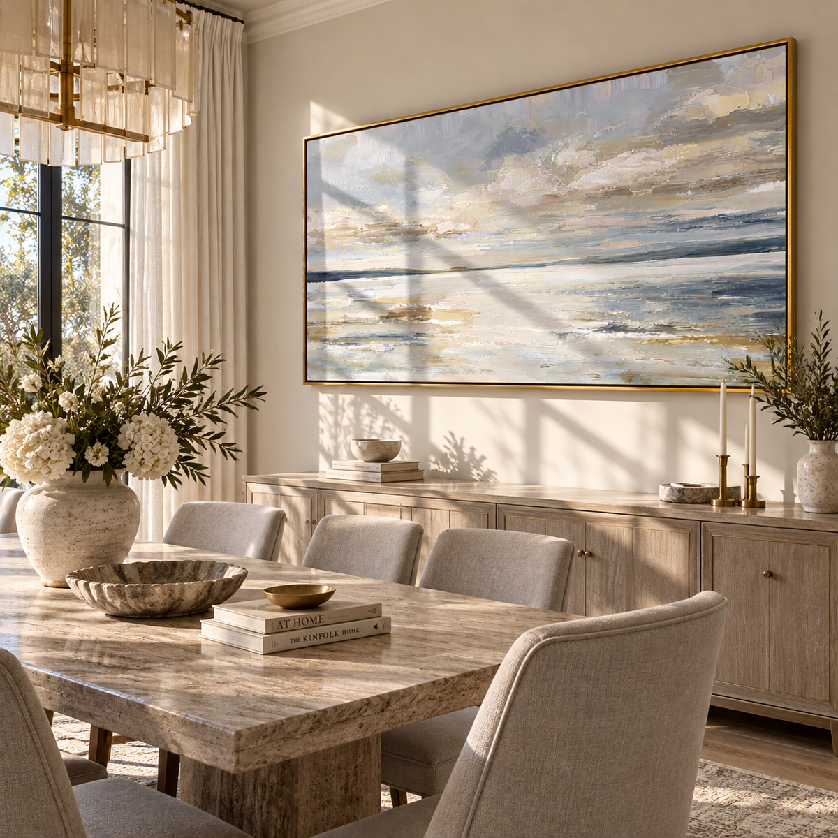 Slate Linen Horizon Currents Form - textured landscape painting displayed in a styled interior