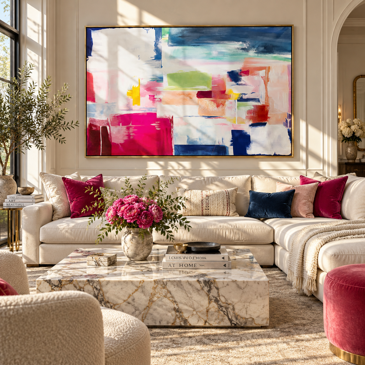 Ivory Azure Slate Layers Motion - textured abstract painting displayed in a styled interior
