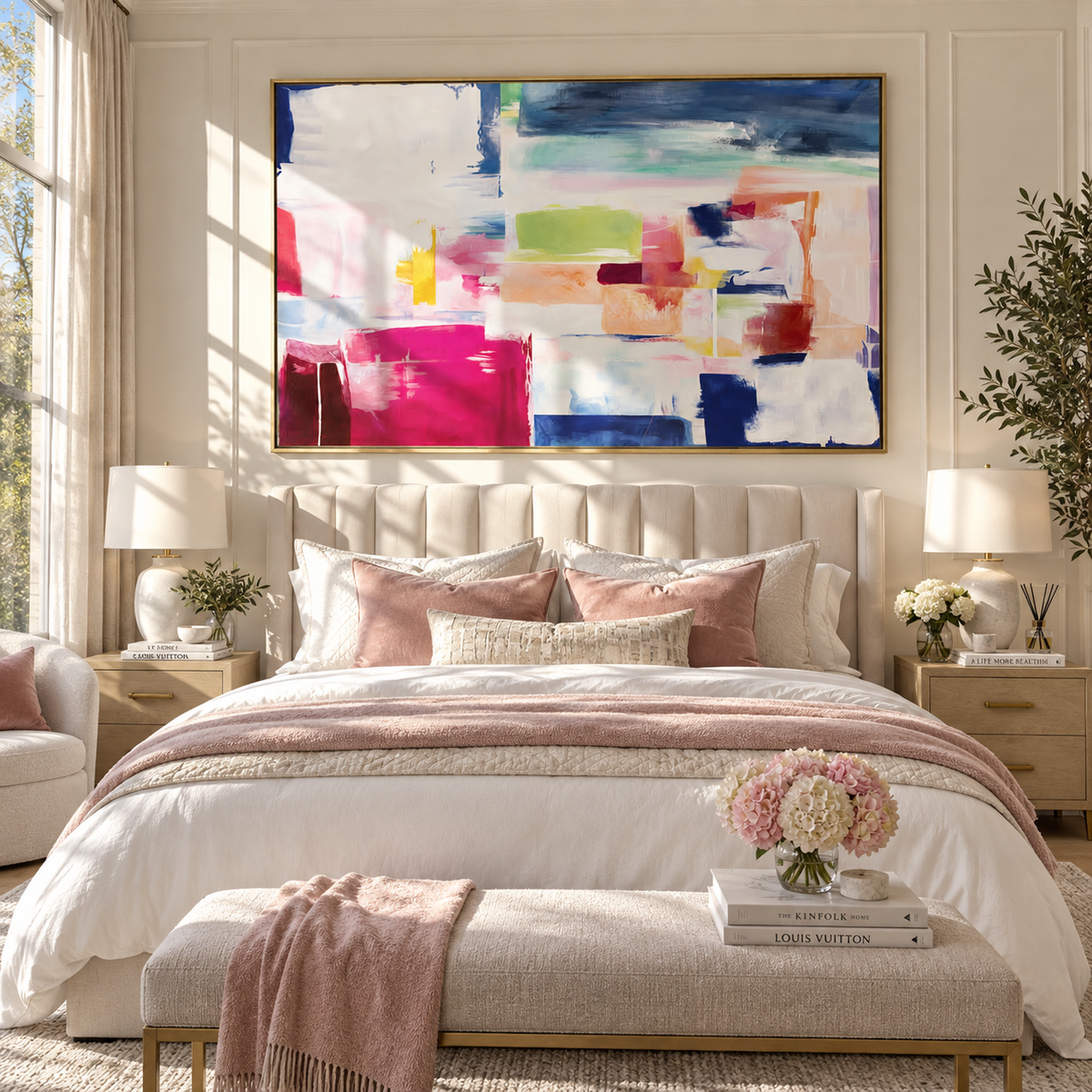 Ivory Azure Slate Layers Motion - textured abstract painting shown in modern room setting 2
