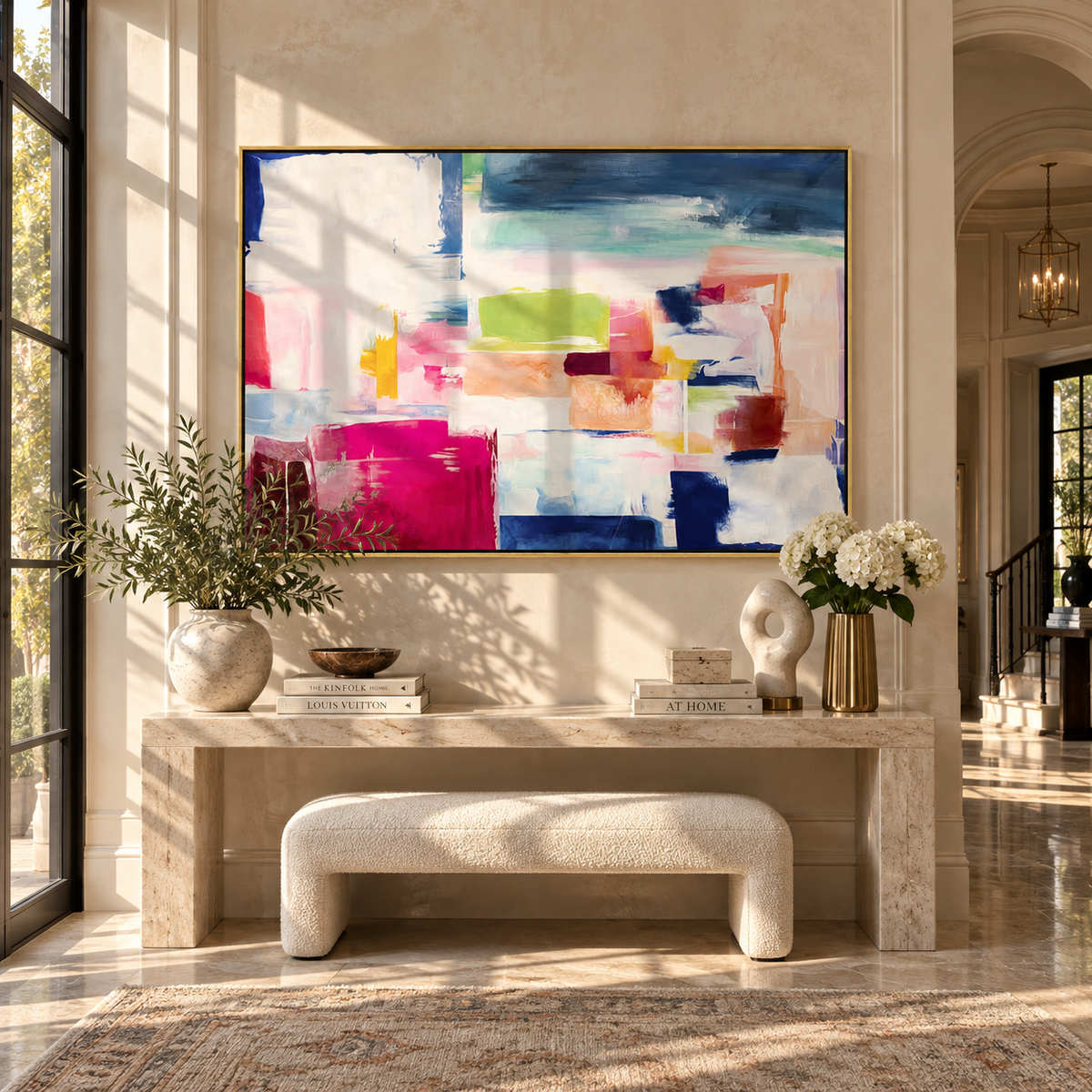 Ivory Azure Slate Layers Motion - textured abstract painting shown in modern room setting 3