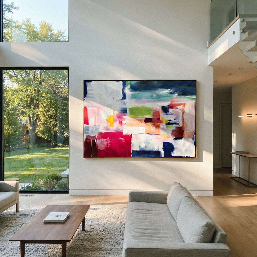 Ivory Azure Slate Layers Motion - textured abstract painting shown in modern room setting 4