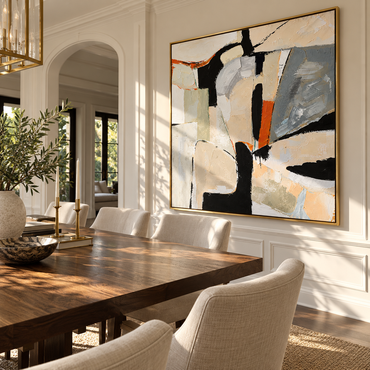 Linen Slate Onyx Balance Depth - textured abstract painting displayed in a styled interior