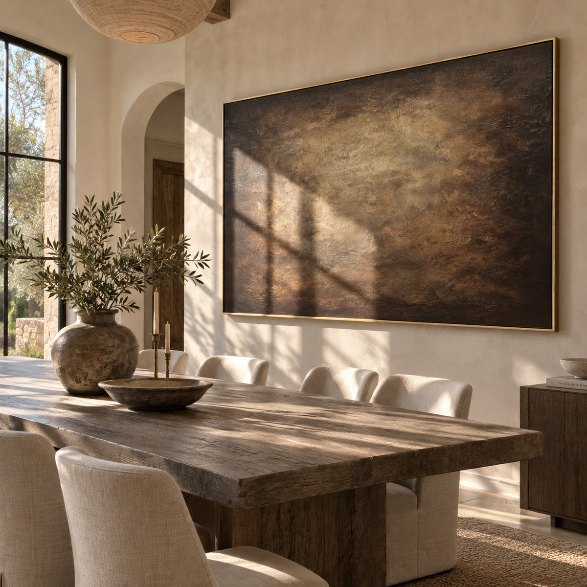 Umber Onyx Linen Intervals Silence - textured abstract painting displayed in a styled interior