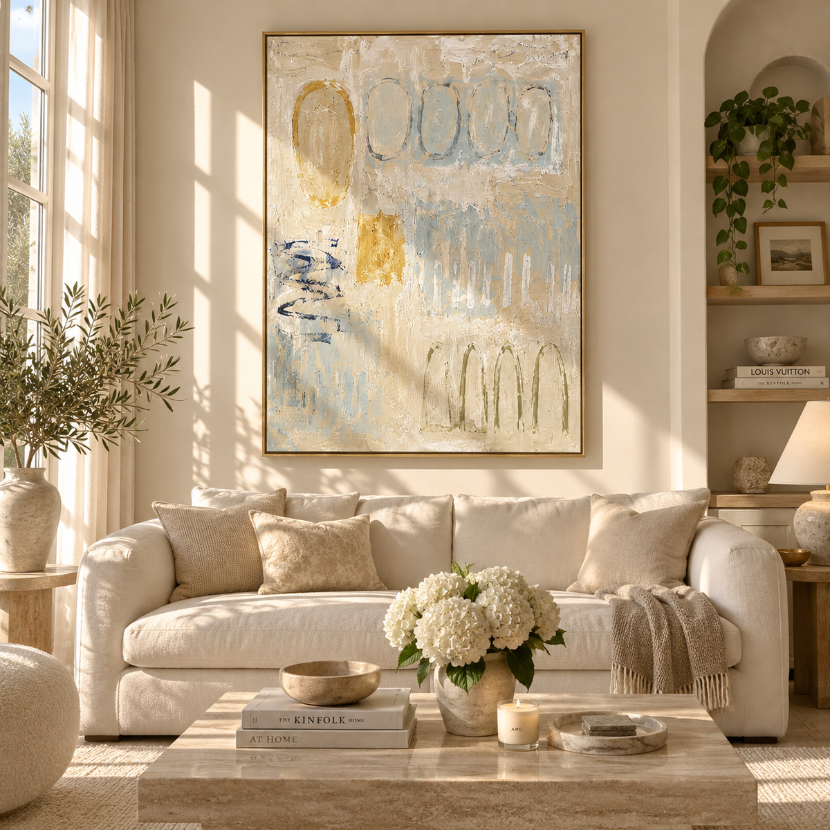 Linen Slate Onyx Drift Pause - textured abstract painting shown in modern room setting 2