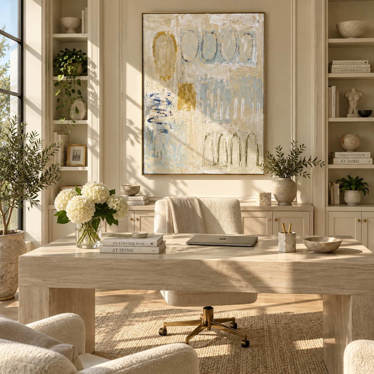 Linen Slate Onyx Drift Pause - textured abstract painting shown in modern room setting 4