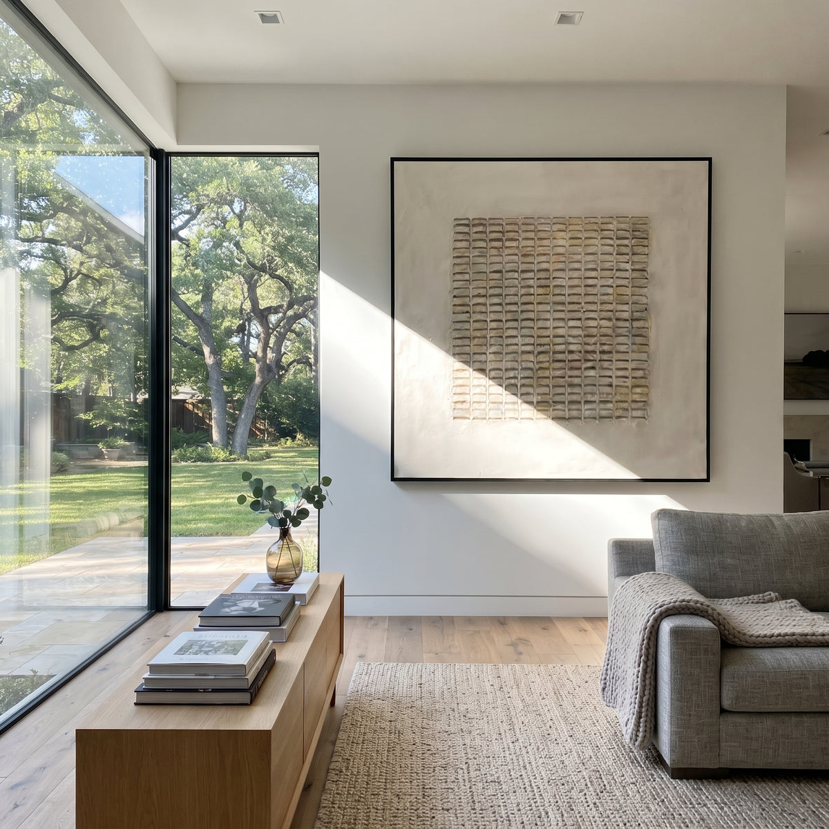 Slate Linen Umber Contours Balance - textured abstract painting shown in modern room setting 4