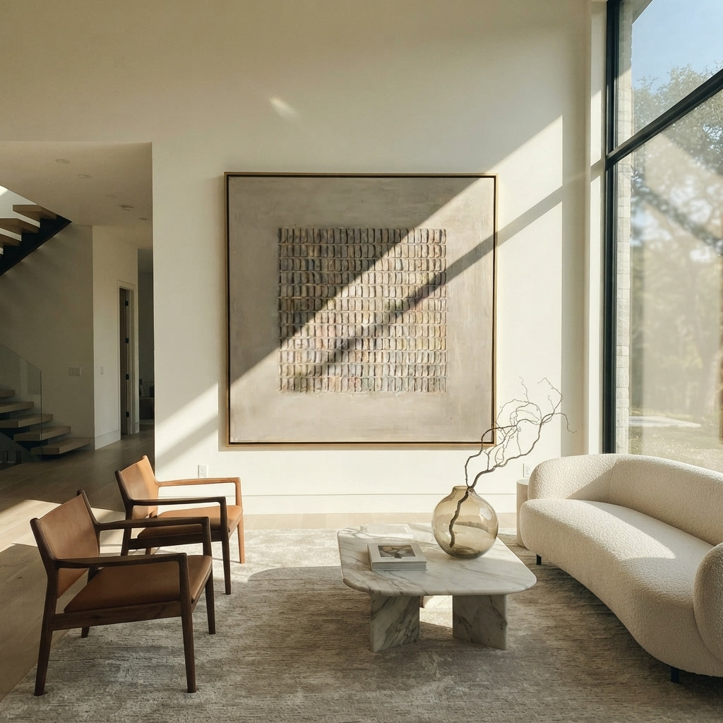 Linen Slate Umber Crossing Resonance - textured abstract painting displayed in a styled interior