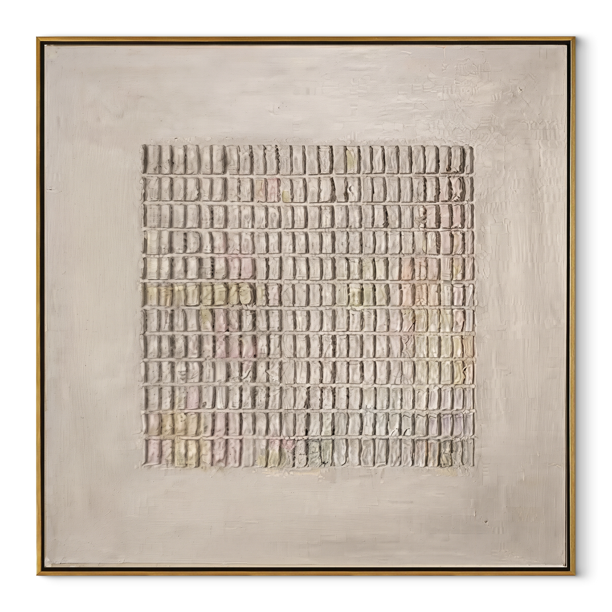 Linen Slate Umber Crossing Resonance - textured abstract painting in a wood frame on white