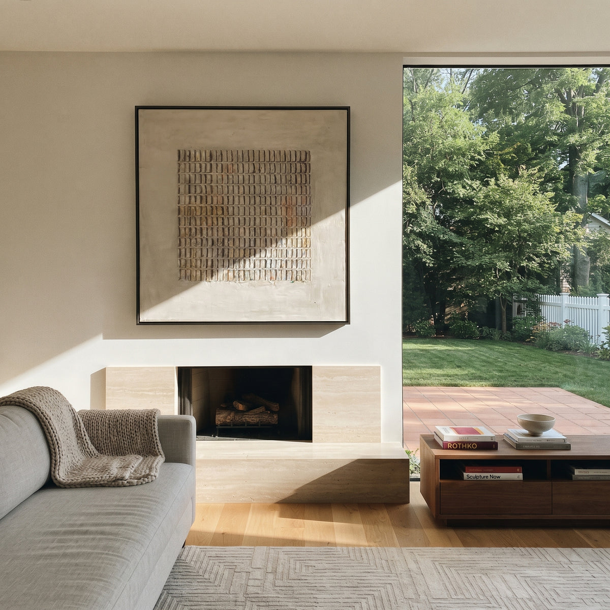 Linen Slate Umber Crossing Resonance - textured abstract painting shown in modern room setting 4