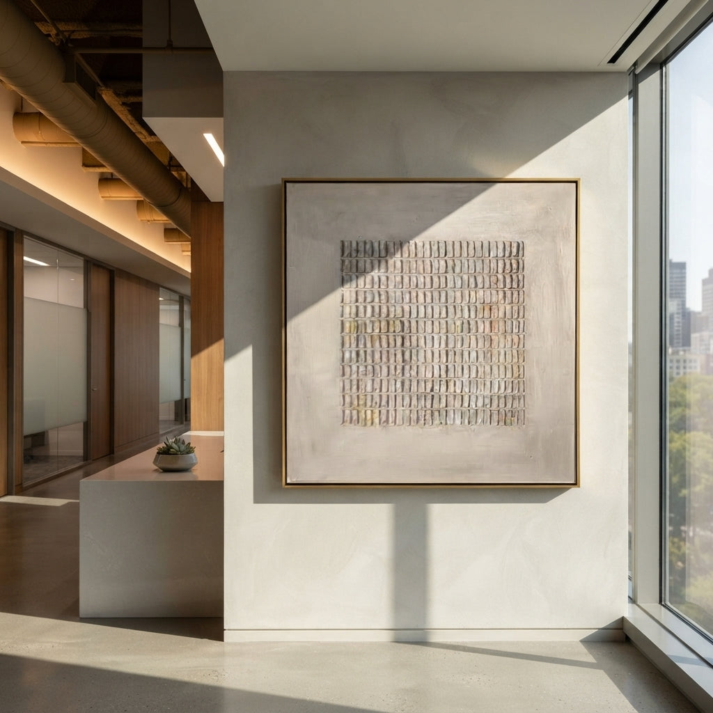 Linen Slate Umber Crossing Resonance - textured abstract painting shown in modern room setting 5