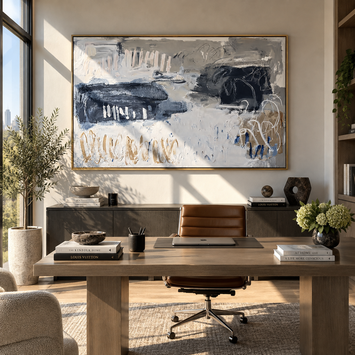 Ivory Slate Azure Echo Calm - textured abstract painting displayed in a styled interior
