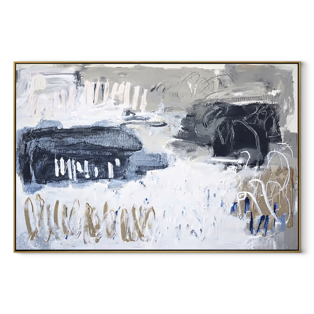 Ivory Slate Azure Echo Calm - textured abstract painting in a wood frame on white