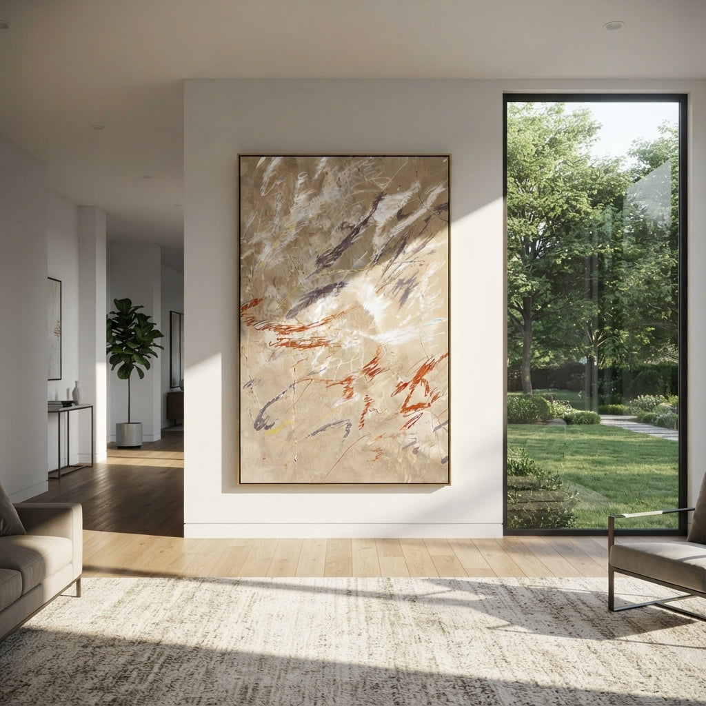 Linen Slate Onyx Relief Air - textured abstract painting displayed in a styled interior
