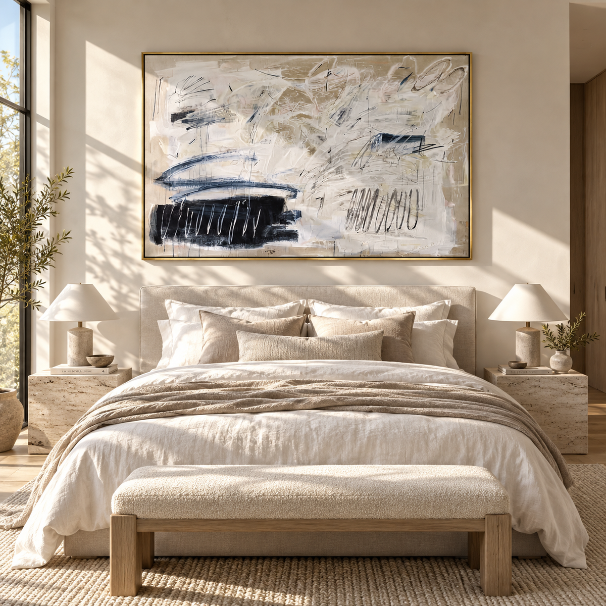 Slate Onyx Azure Terraces Cadence - textured abstract painting displayed in a styled interior