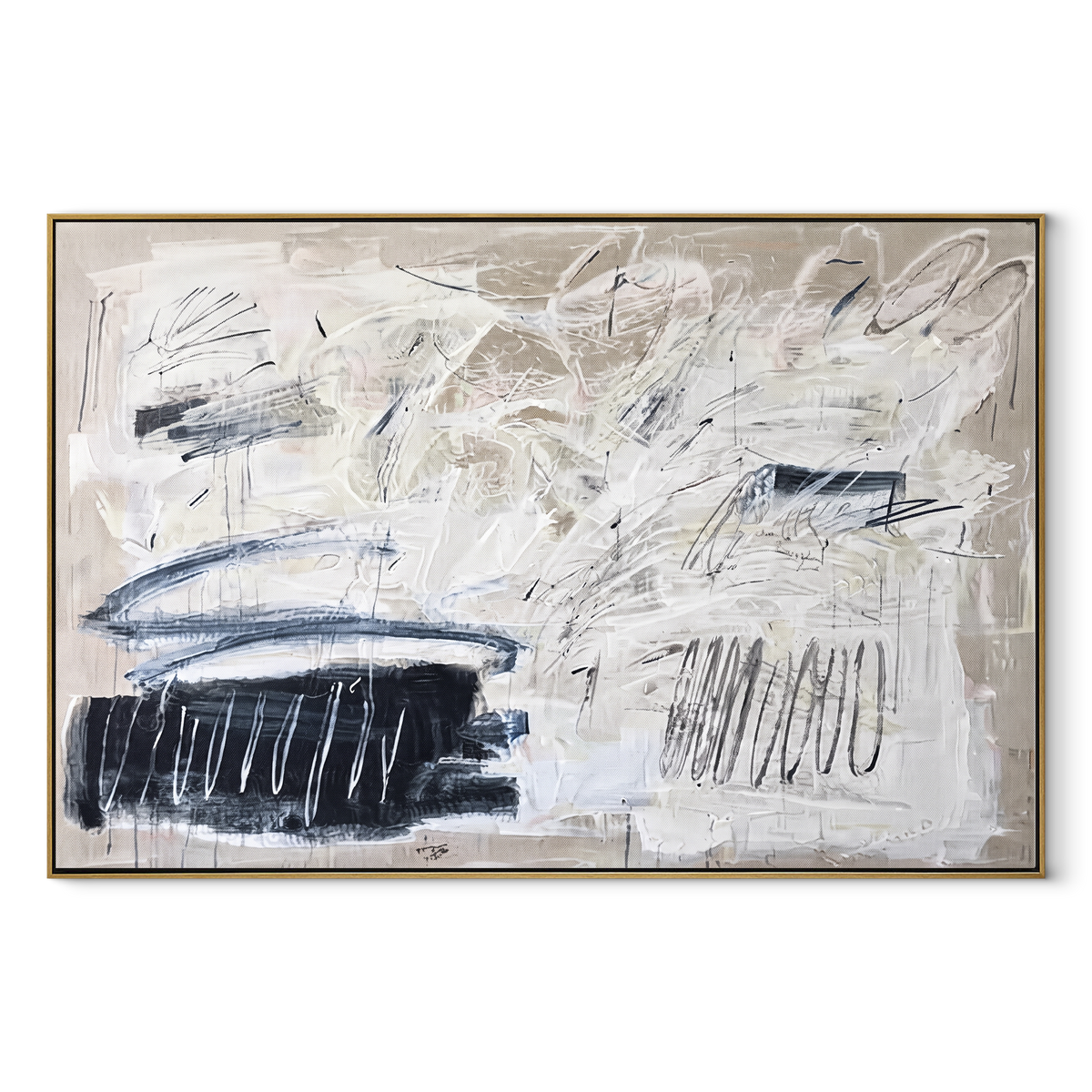 Slate Onyx Azure Terraces Cadence - textured abstract painting in a wood frame on white