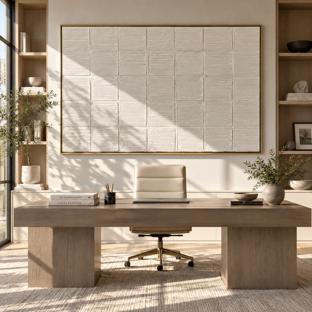 Slate Onyx Linen Horizon Dusk - textured abstract painting displayed in a styled interior