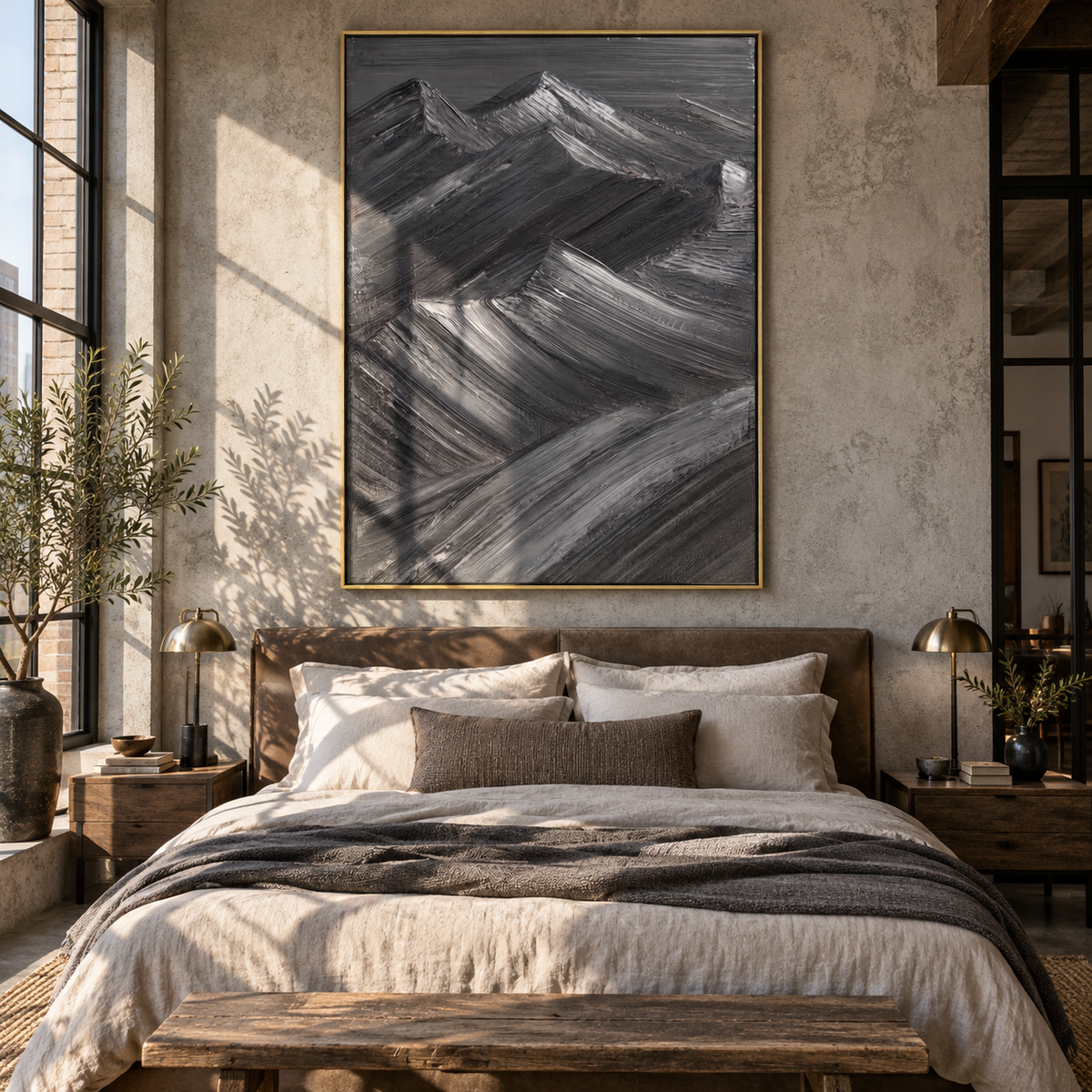 Slate Onyx Horizon Fragments Interval - textured landscape painting shown in modern room setting 3