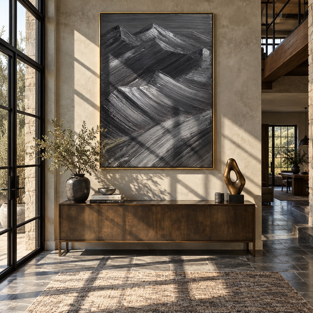 Slate Onyx Horizon Fragments Interval - textured landscape painting shown in modern room setting 4