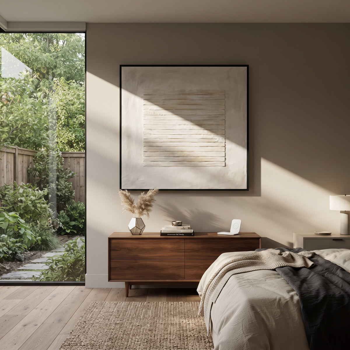Slate Linen Umber Field Distance - textured abstract painting shown in modern room setting 3